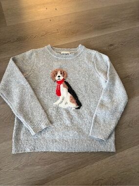 Cakes and cashmere Cozy Gray Sweater with Dog Intarsia and Red Scarf